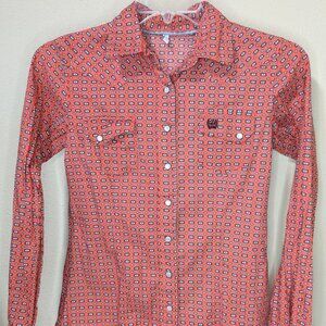 Womens Cinch Coral Aztec Print Pearl Snap Shirt Small Western Country